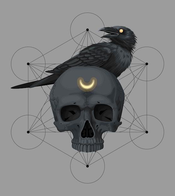 Vector card with black skull and raven