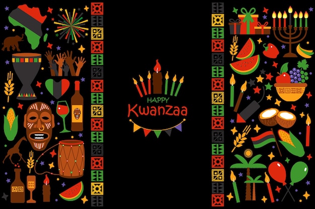 Happy Kwanzaa의 컬렉션이 있는 벡터 카드입니다. 검은 배경에 휴일 기호입니다. 벡터 일러스트 레이 션.