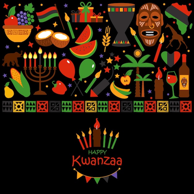 黒い背景の上の幸せなクワンザの休日のシンボルのコレクションとベクトルカードベクトルイラスト