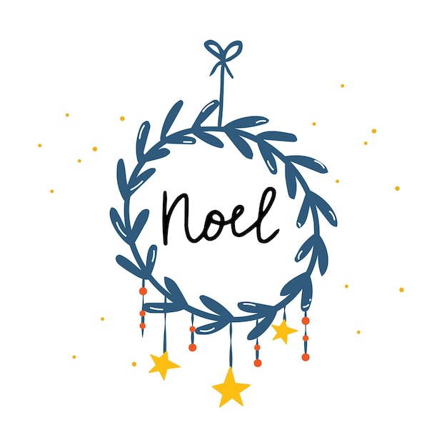 Vector card with cozy christmas decorations with text. lettering noel and floral wreath. kids illustration. scrapbook trendy collection