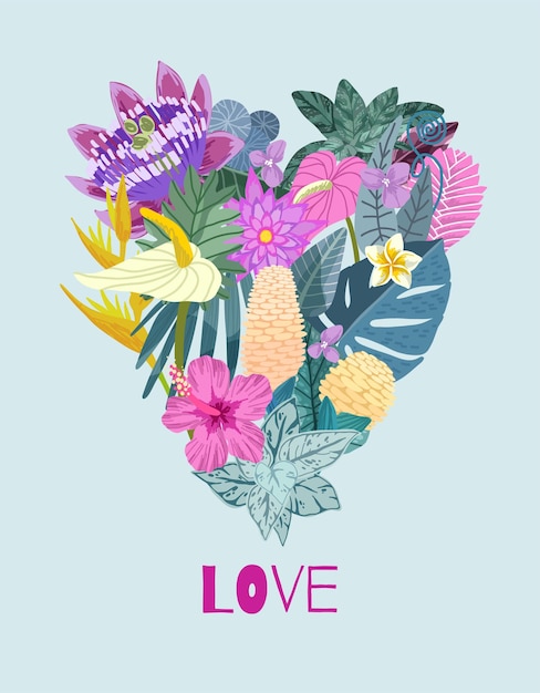 Vector card with heart shaped tropical flowers