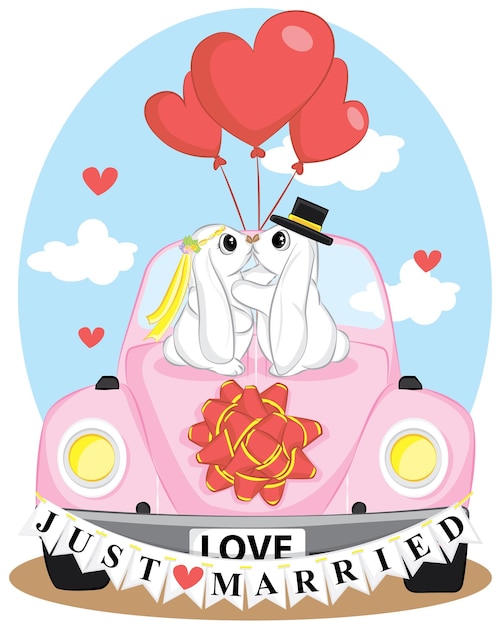 Vector vector card with retro car, couple of cute bunnies, bouquet of flowers, branches, berries and leaves and hand written text 