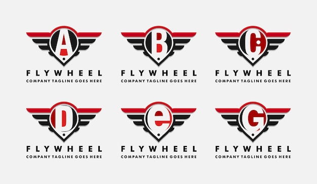 Illustrazione di marchio di automobili di vettore. ruota e ali con lettera a,b,c,d,e,f,g
