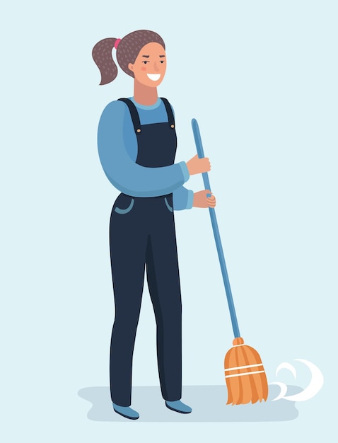 Vector cartonn funny character of cleaner lady or janitor woman in uniform cleaning floor holding mop.