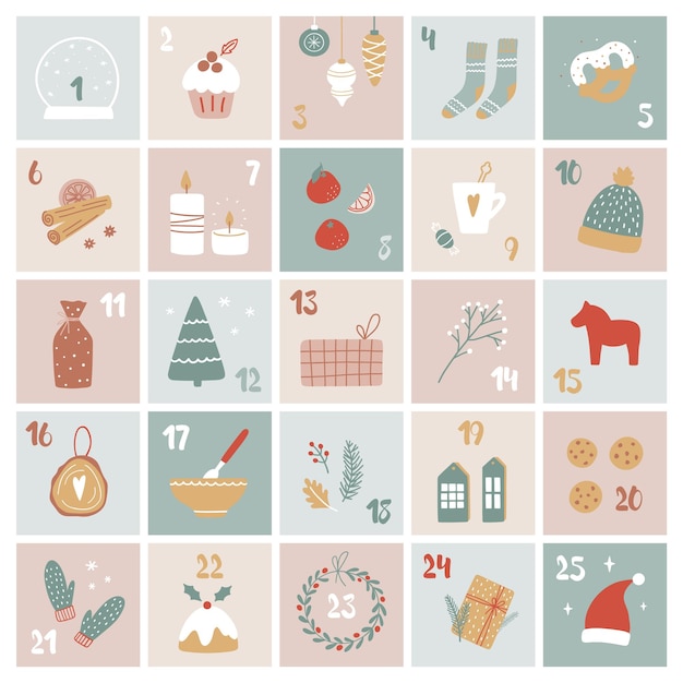Vector vector cartoon advent calendar. christmas presents and decorations with numbers from 1 to 25. gift box template.