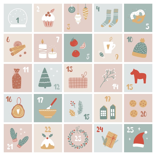 Vector cartoon adventskalender. kerstcadeaus en decoraties met nummers van 1 tot 25. sjabloon voor geschenkverpakkingen.