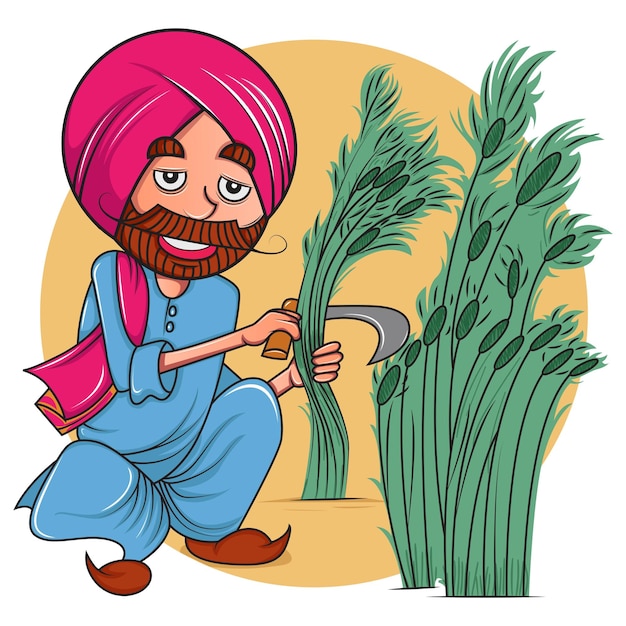 Vector vector cartoon afbeelding punjabi boer snijdt tarwe feals