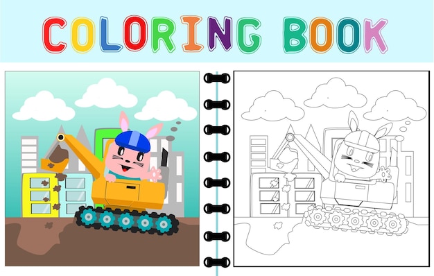 Vector cartoon of animal worker on heavy tool Coloring book or page of animal cartoon