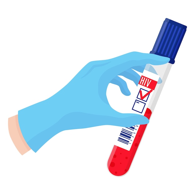 Vector cartoon artsen hand in blauwe handschoen houden reageerbuis met bloed. Preventie van AIDS en HIV-infectie.