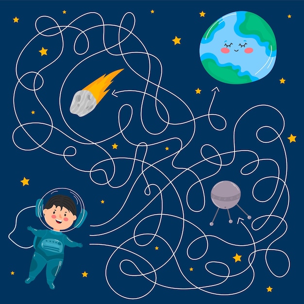 Vector cartoon astronaut en planeten vector illustraties voor kinderboeken labyrint educatieve g