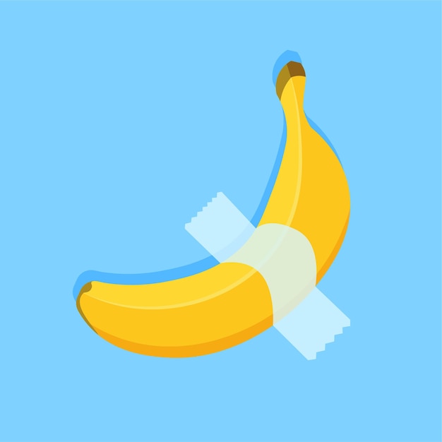 Вектор Векторный мультяшный банан, приклеенный к ленте тропические фрукты, банановая закуска или вегетарианское питание