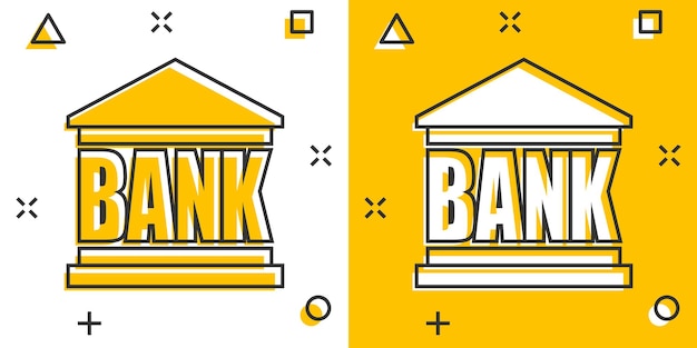 Vector cartoon bankgebouw pictogram in komische stijl Bank teken illustratie pictogram gebouw splash effect bedrijfsconcept