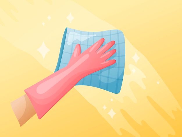 Векторный мультфильм баннер на тему очистки. рука в резиновой перчатке протирает поверхность тряпкой или салфеткой до блеска.