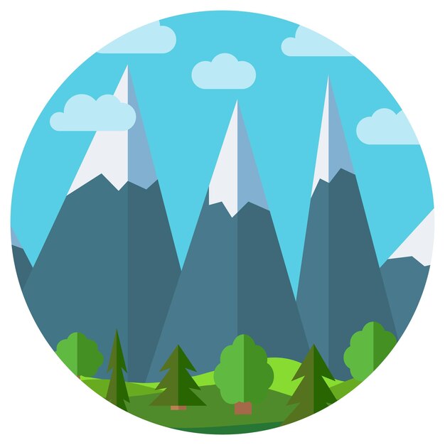 Vector vector cartoon berglandschap in cirkel natuurlijk landschap in de vlakke stijl met blauwe lucht wolken bomen heuvels en bergen met sneeuw op de peaksxa