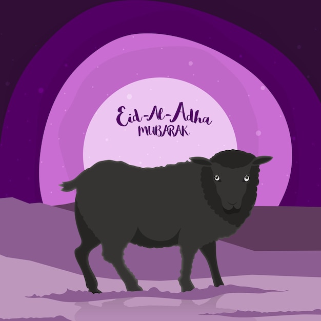 Vector vector cartoon of black sheep on desert background for muslim community festival of sacrifice eidaladha mubarak