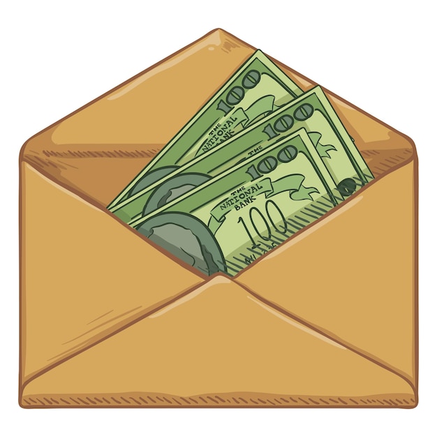 Vector Cartoon Blank Brown Envelope with Dollars