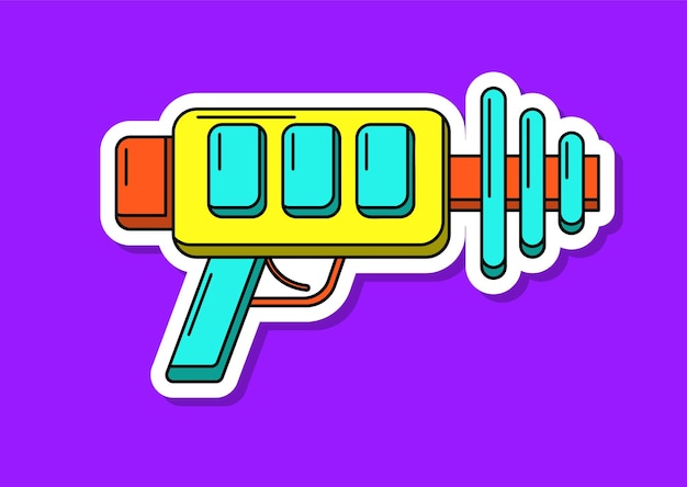 Vector cartoon blaster sticker geïsoleerd kleurrijk speelgoed pistool met witte contour futuristisch wapen design