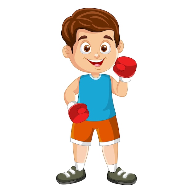 Vector cartoon boy boxing on white background