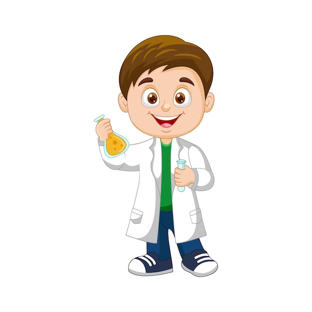 Vector cartoon boy scientist holding a flask and test tube