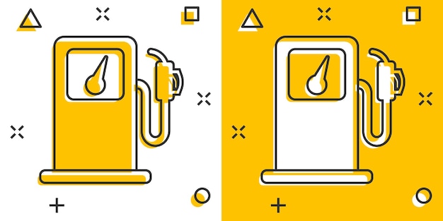 Vector cartoon brandstof tankstation pictogram in komische stijl auto benzine pomp teken illustratie pictogram brandstof splash effect bedrijfsconcept