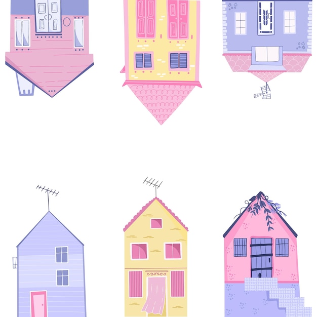 벡터 만화 밝은 분홍색 노란색과 보라색 집 귀여운 건물 어린이 마을 그림