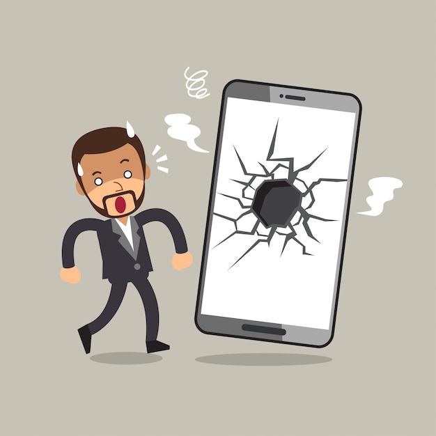 Vector vector cartoon businessman and broken screen smartphone