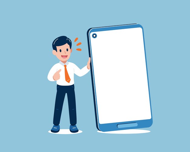 Vector cartoon businessman holding big smartphone