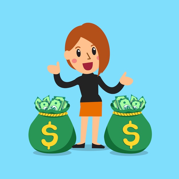 Vector cartoon businesswoman with money bags