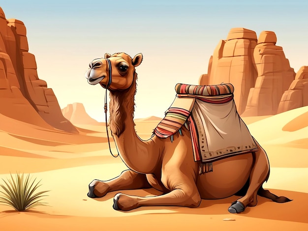 Vector Cartoon camel sitting in desert scene isolated