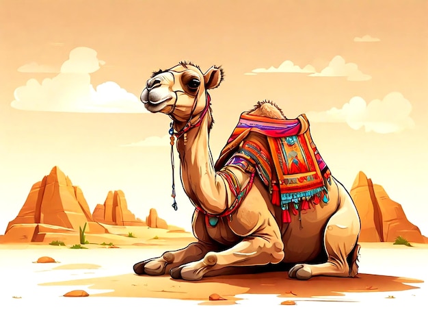 Вектор Векторный мультфильм верблюд сидит в пустыне изолированно