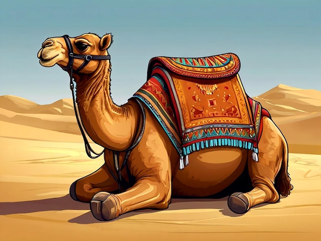 Векторная иллюстрация мультфильма верблюда с седлом, сидящего на седле