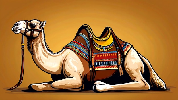 vector Cartoon camel with saddle sitting vector illustration isolated