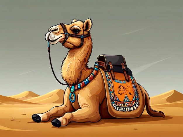 Vector vector cartoon camel with saddle sitting vector illustration isolated