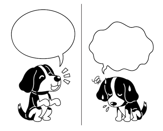 Vector cartoon character beagle dog expressing different emotions with speech bubbles