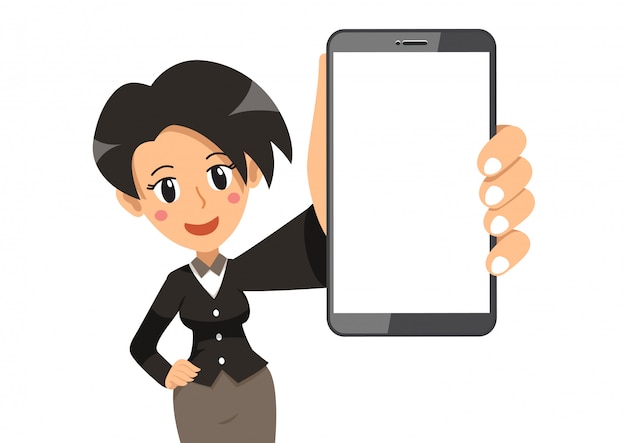 Vector cartoon character businesswoman with smartphone