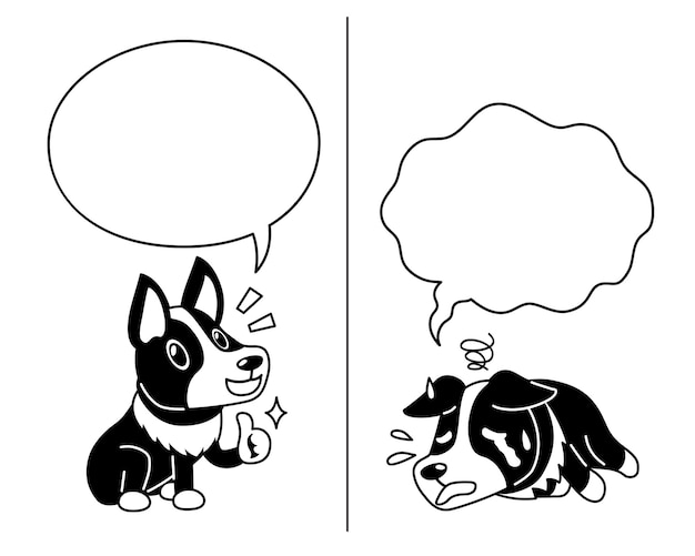 Вектор Векторный мультяшный персонаж корги-собака, выражающий различные эмоции с помощью речевых пузырей