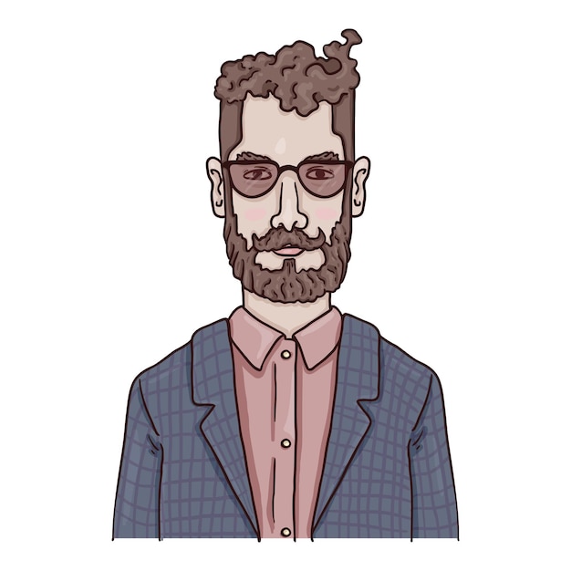 Personaggio dei cartoni animati di vettore. hipster in occhiali da vista con barba e baffi