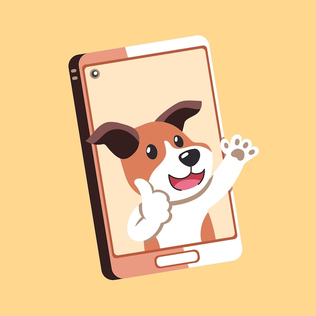 Vector cartoon character jack russell terrier dog and smartphone