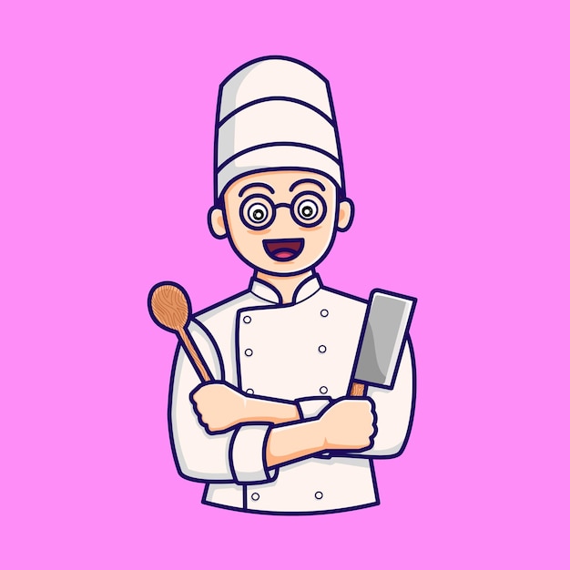 Вектор Векторный мультфильмный персонаж повара в униформе и шляпе с ножом и ложкой