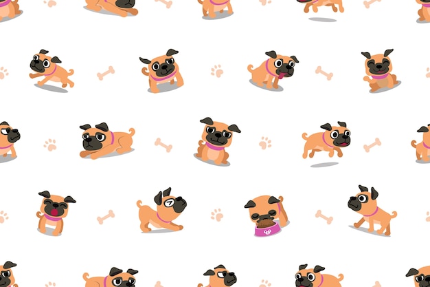 Vector cartoon character pug dog seamless pattern