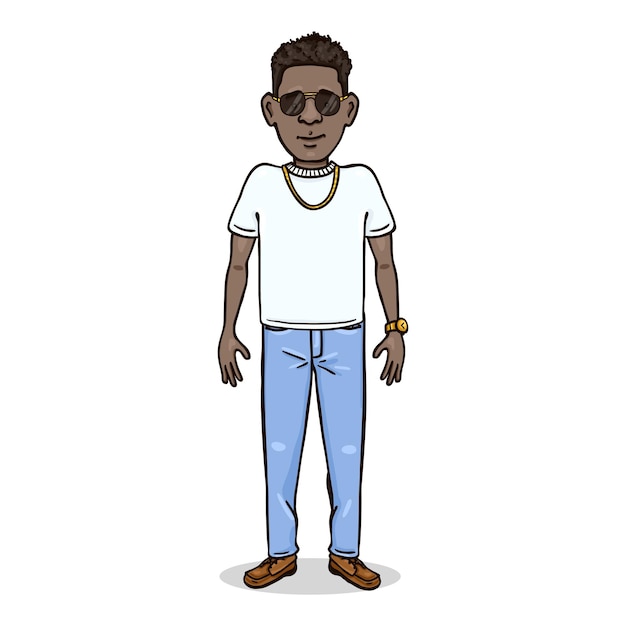 Vector Cartoon Character  Rich Young Afroamerican Man in White Tshirt and Jeans