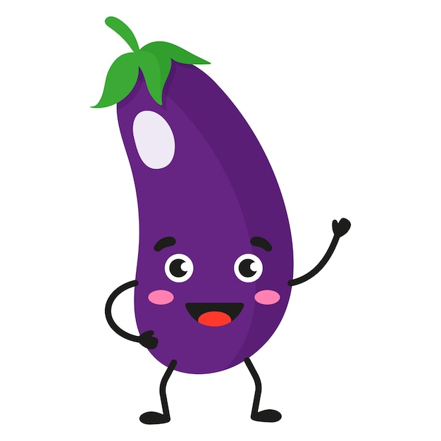 Vector cartoon cheerful cute eggplant character.