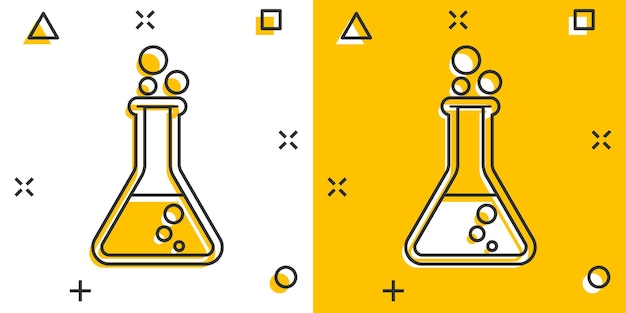 Vector cartoon chemische reageerbuis pictogram in komische stijl laboratorium glaswerk teken illustratie pictogram kolven splash effect bedrijfsconcept