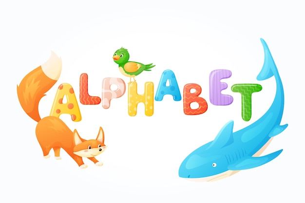 Vector cartoon childrens english Alphabet banner with text shark fox and bird illustrations