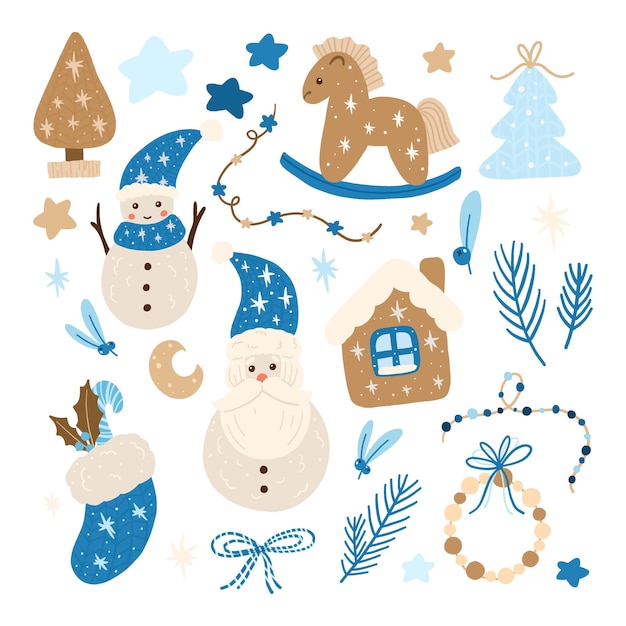 Vector vector cartoon christmas elements santa claus and snowman house and toy horse hand drawing