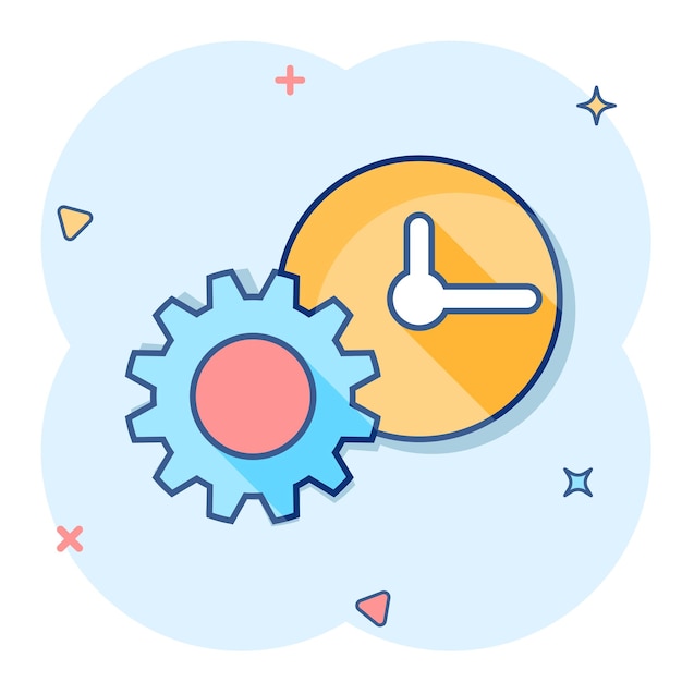 Vector cartoon clock icon in comic style project management sign illustration pictogram timer with gear business splash effect concept