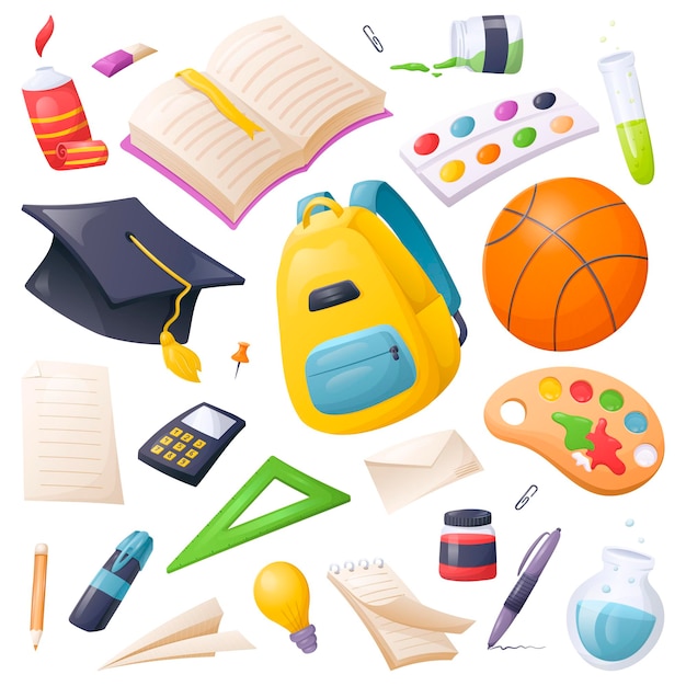 Vector vector cartoon collection of stationery and school or office supplies subjects for study drawing and writing