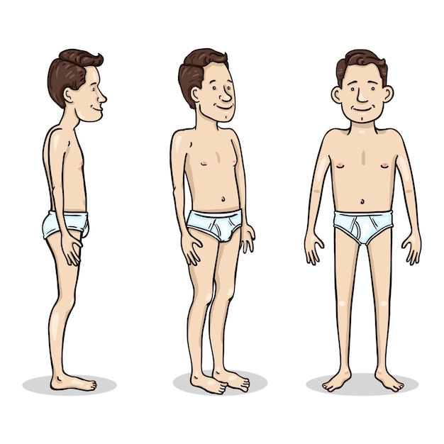 Vector cartoon color character  young man in white underpants set of different foreshortening