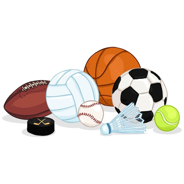 Vettore vector cartoon color sport set - mucchio di diverse palle e attrezzature