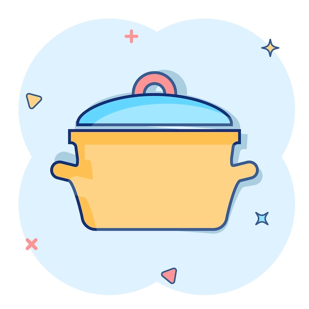 Vector cartoon cooking pan icon in comic style Kitchen pot concept illustration pictogram Saucepan equipment business splash effect concept